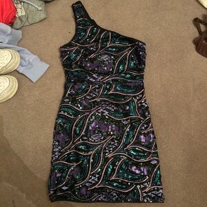 Lulu's One-Shoulder Sequin Dress in Green and Purple